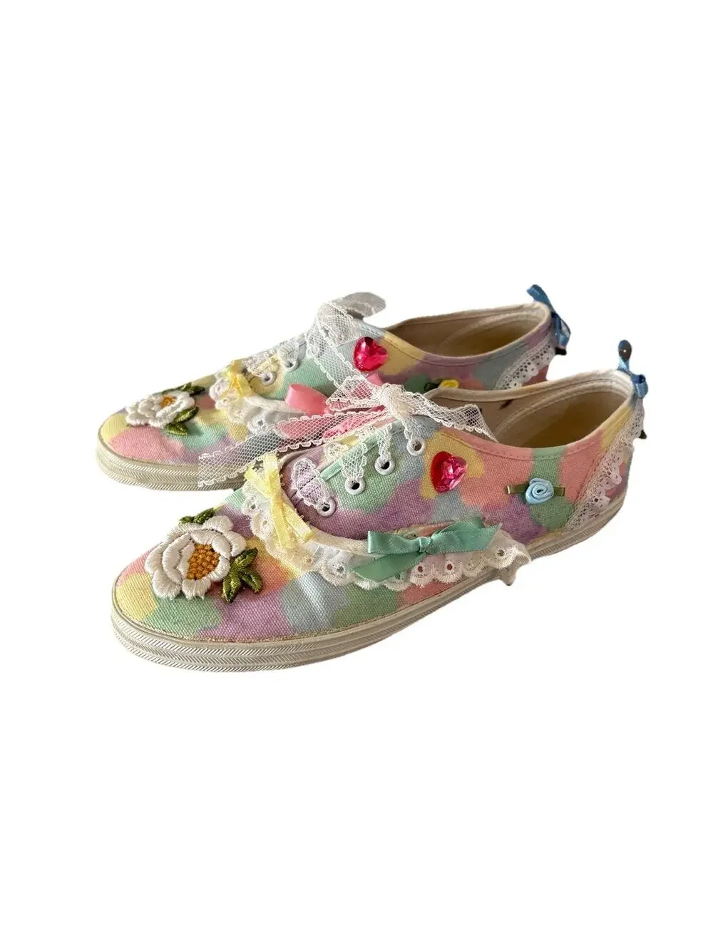 Vintage Cottagecore Embellished Canvas Sneakers Women’s Size 7 Handmade 90s